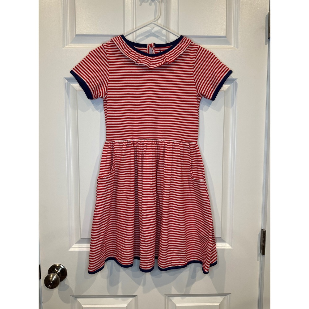 Mini Boden Girls Red White Striped Dress Ruffle Collar Size 9-10Y